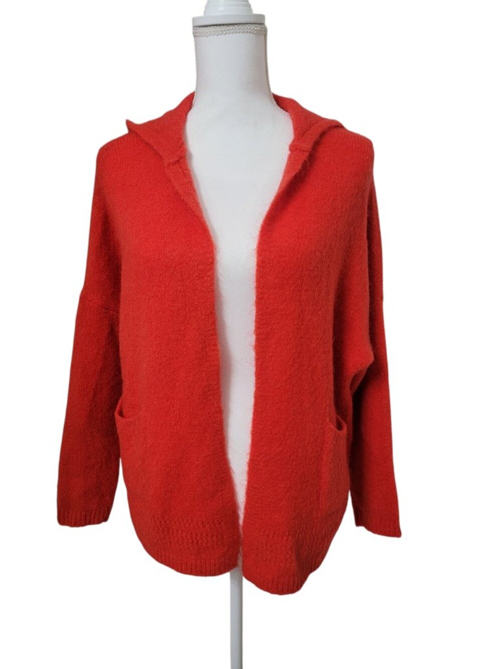 Nais Size Unknown Bright Poppy Orange/Red Mohair Blend Open Cardigan with Hoodie